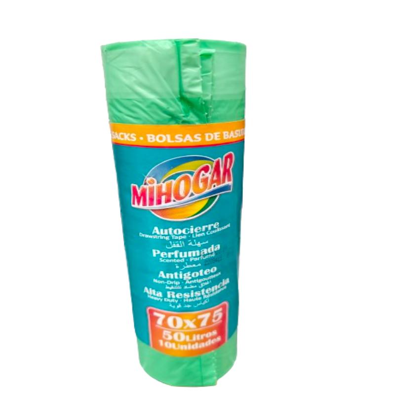 B/BASURA 70X75 AUTOCIERRE MIHOGAR VERDE 50L B/10UD