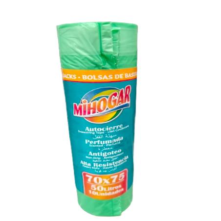 B/BASURA 70X75 AUTOCIERRE MIHOGAR VERDE 50L B/10UD