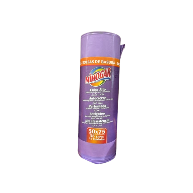 B/BASURA 50X75 AUTOCIERRE MIHOGAR MORADA 35L B/15U