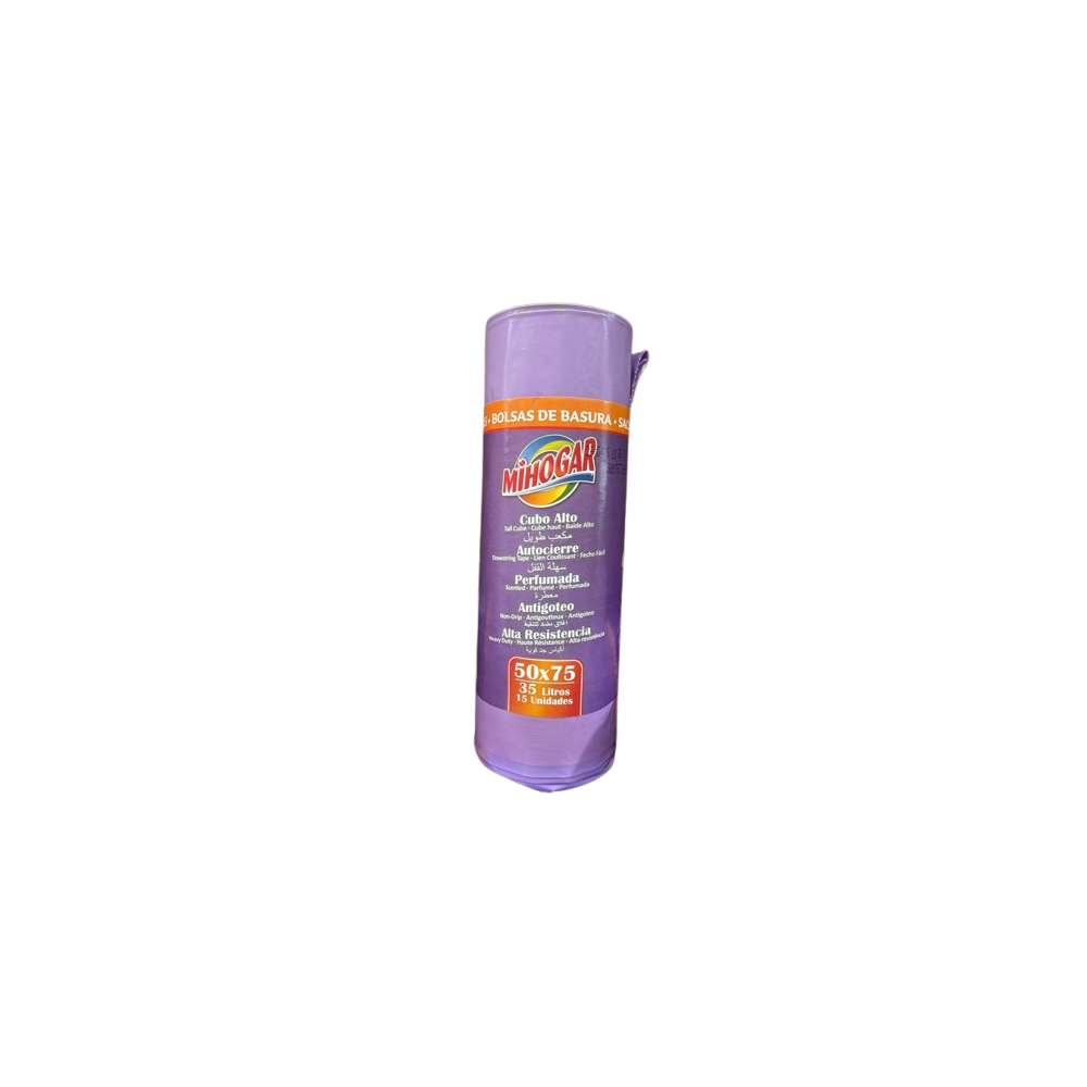 B/BASURA 50X75 AUTOCIERRE MIHOGAR MORADA 35L B/15U