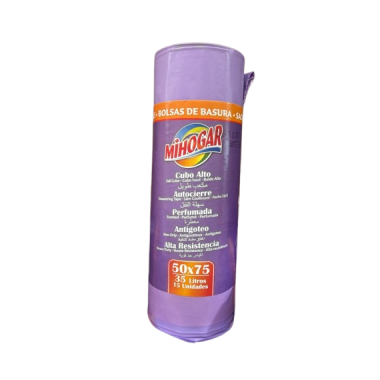 B/BASURA 50X75 AUTOCIERRE MIHOGAR MORADA 35L B/15U