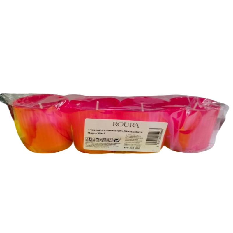 VELON ILUMINACION PARAFINA ROJO 50X60MM PACK/4UD