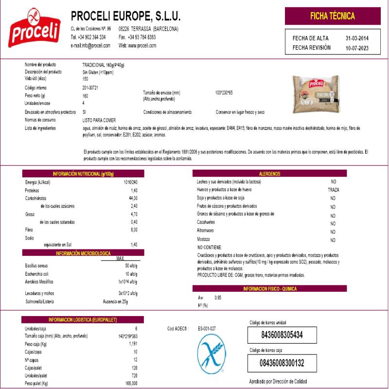 S/GLUTEN PROCELI PAN TRADICIONAL RUSTICA P/160 GR