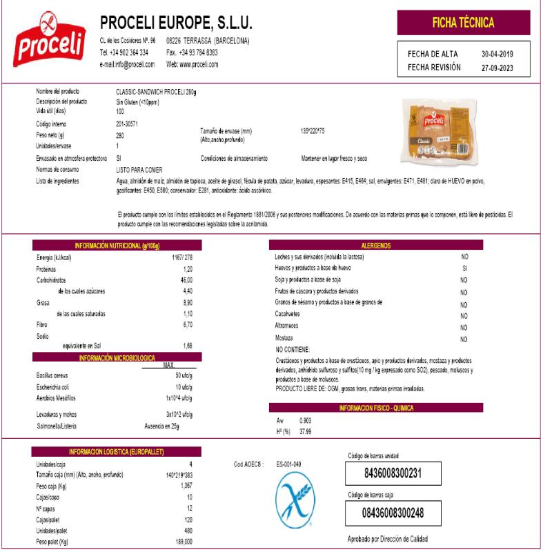 S/GLUTEN PROCELI PAN MOLDE SANDWICH CLASI P/280 GR